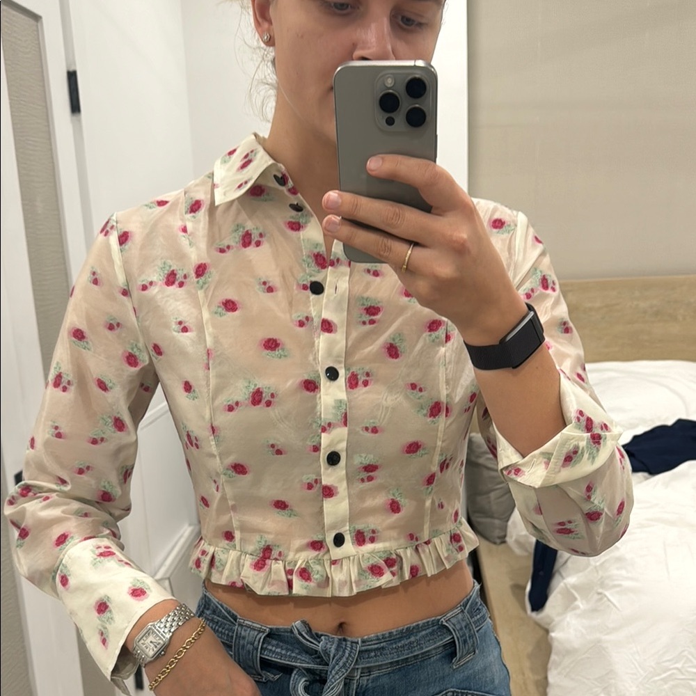 Floral Button-Up Ruffle Hem Top - Cream